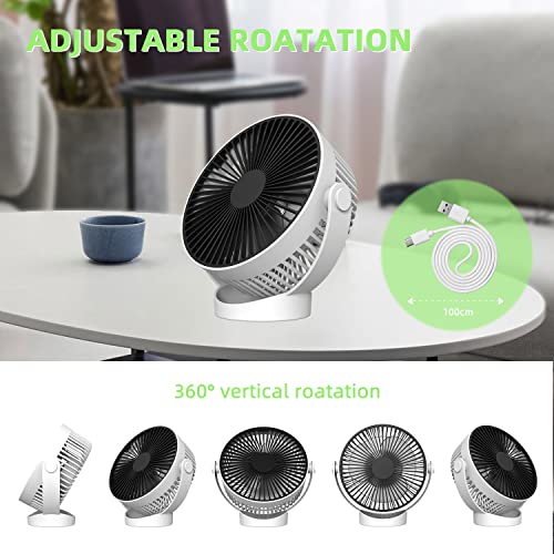 Ymumuda Desk Fan - 3 Speeds Desktop Table Cooling Fan, 6.5 Inch Rechargeable Portable Fan, Strong Airflow & 360°Rotation Adjustable, Powered by USB, Table Fan for Home Office - White