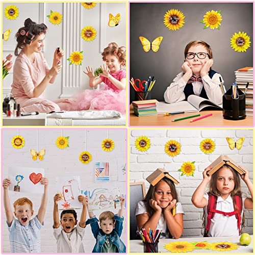 48 Pcs Summer Sunflower Cutouts Bulletin Board Decoration with Growth Mindset Creative Springtime Flower Positive Sayings Butterfly Classroom Decor for Teacher Student Birthday Party, 5.5 x 5.5 Inch