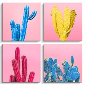 creoate pink cactus wall art for living room decor, 4 panels tropical plant picture framed canvas print artwork set wall decor…