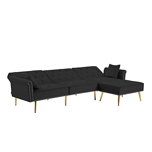 Modern Velvet Upholstered Reversible Sectional Sofa Bed, L Shape Sofa Couch with Removable Ottoman, Nailhead Trim and Gold Mental Legs for Compact Spaces Living Room,Apartment(L Shape Black Sofa)