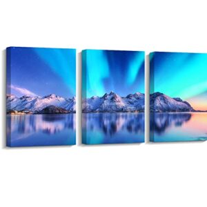 creoate 3 pieces canvas wall art for living room, northern lights on mountain landscape painting print framed set artwork for wall modern aurora borealis picture home decoration