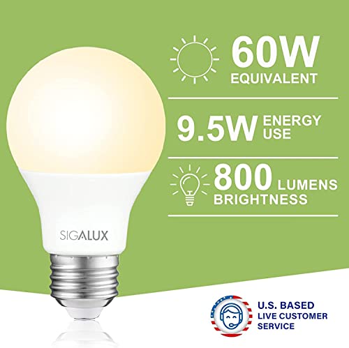 Sigalux LED Light Bulbs 60 Watt Equivalent A19 Standard Light Bulbs 2700K, Non-Dimmable Energy Efficient 9.5W LED Soft White Light Bulb with E26 Medium Base, 800 Lumens, UL Listed, 4 Pack