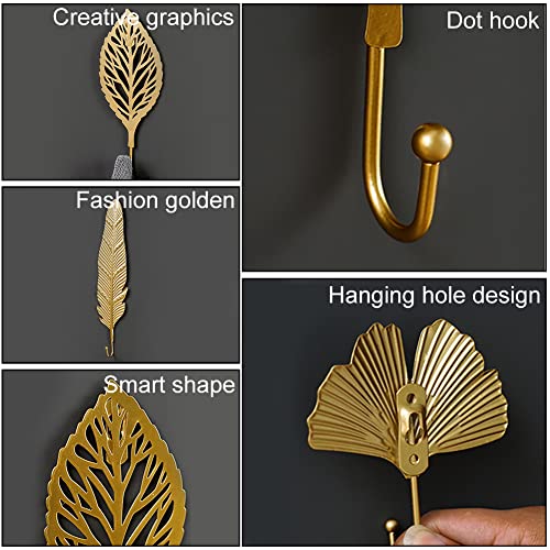 oAutoSjy 7pcs Metal Wall Hook, Gold Leaf Shaped Wall Hook Decorative Wall Mounted Hook, Hanging Key Hat Scarf Purse Towel Holder, Wrought Iron Hook for Hallways Living Room Bathroom kitchen Home Decor