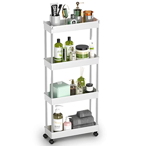 SYLEALA 4 Tier Slim Storage Cart,Mobile Shelving Unit Organizer Slide Out Storage Rolling Cart,Bathroom Organizer for Kitchen Laundry Narrow Places, Plastic & Stainless Steel, White (White)