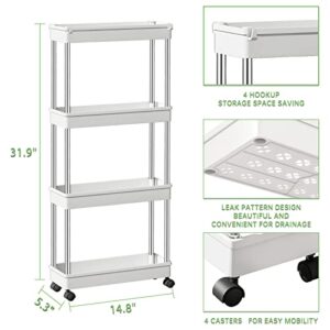 SYLEALA 4 Tier Slim Storage Cart,Mobile Shelving Unit Organizer Slide Out Storage Rolling Cart,Bathroom Organizer for Kitchen Laundry Narrow Places, Plastic & Stainless Steel, White (White)