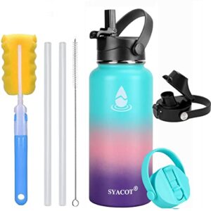 syacot 32 oz stainless steel water bottle, insulated double wall vacuum leak proof water flask, metal thermo canteen mug —wide mouth with 2 straw lids and spout lid