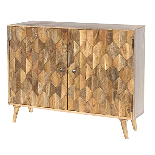 The Urban Port Sideboard with 2 Honeycomb Inlaid Doors and Wooden Frame, Natural Brown