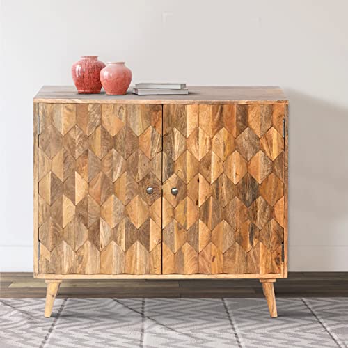 The Urban Port Sideboard with 2 Honeycomb Inlaid Doors and Wooden Frame, Natural Brown