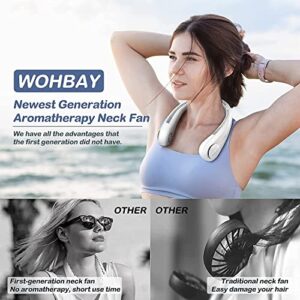 Portable Neck Fan With Aromatherapy, Bladeless Neck air Conditioner Rechargeable, 5000 mAh Wearable Personal Fan, Neck Fans For Women Men, Ultra Light Headphone Design Hand-free Neck Fan White