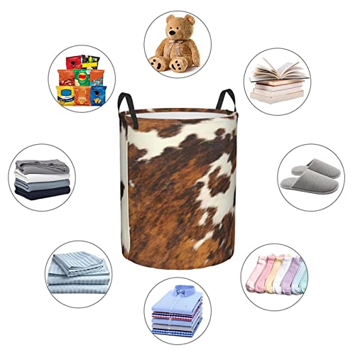 NOTZERO Red and white cowhide Large Laundry Basket, Laundry Hamper with Handle Collapsible Dirty Clothes Hamper Round Storage Basket for Bedroom Clothes Storage, Black