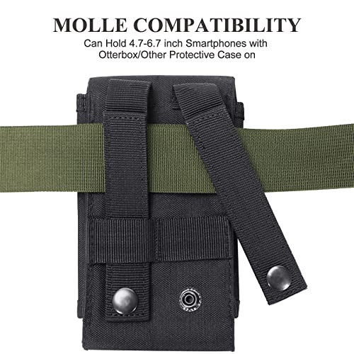 Heyqie Black Tactical Molle Cellphone Pouch Case,Heavy Duty Waterproof Phone Holster Bag for iPhone 11 12 13 Pro Max Samsung S22 S21 S20 FE Note 20 A13 A12 A02S Less 6.7" Phone with US Flag Patch