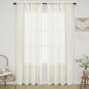 Cream Sheer Dining Room Curtains 84 Inch Length 2 Panels Boho Farmhouse Curtains for Living Room Pom Pom Tufted Semi Sheers Drapes Rod Pocket Shabby Chic Boho Decor Ivory Off White Colored 52x84