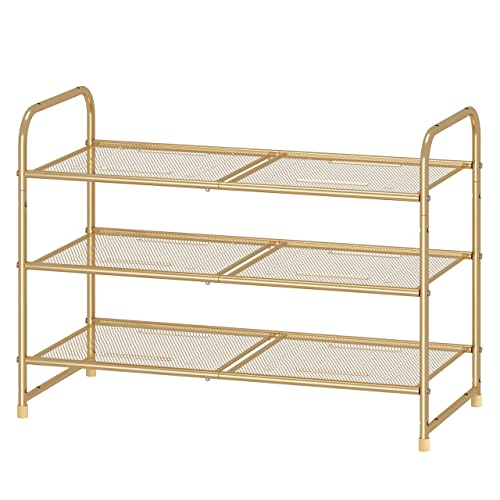 Simple Trending 3-Tier Stackable Shoe Rack, Expandable & Adjustable Shoe Shelf Storage Organizer, Metal Mesh, Gold