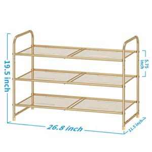 Simple Trending 3-Tier Stackable Shoe Rack, Expandable & Adjustable Shoe Shelf Storage Organizer, Metal Mesh, Gold