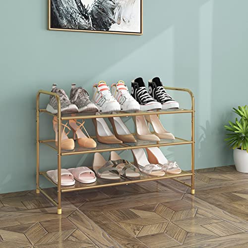 Simple Trending 3-Tier Stackable Shoe Rack, Expandable & Adjustable Shoe Shelf Storage Organizer, Metal Mesh, Gold