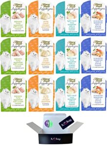 purina purely fancy feast appetizers cat treats flavor variety sampler bundle of 12 containers, (1.1 ounces each) with a bundle a plastic noisy cat toy ball and wmb's sticker.