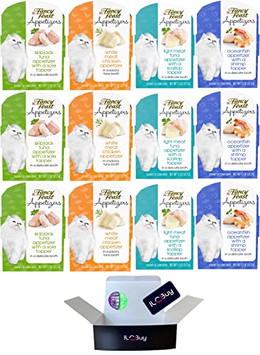 Purina Purely Fancy Feast Appetizers Cat Treats Flavor Variety Sampler Bundle of 12 Containers, (1.1 Ounces Each) with a Bundle a Plastic Noisy Cat Toy Ball and WMB's Sticker.