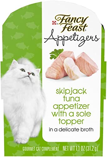 Purina Purely Fancy Feast Appetizers Cat Treats Flavor Variety Sampler Bundle of 12 Containers, (1.1 Ounces Each) with a Bundle a Plastic Noisy Cat Toy Ball and WMB's Sticker.