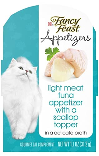 Purina Purely Fancy Feast Appetizers Cat Treats Flavor Variety Sampler Bundle of 12 Containers, (1.1 Ounces Each) with a Bundle a Plastic Noisy Cat Toy Ball and WMB's Sticker.