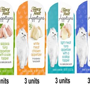 Purina Purely Fancy Feast Appetizers Cat Treats Flavor Variety Sampler Bundle of 12 Containers, (1.1 Ounces Each) with a Bundle a Plastic Noisy Cat Toy Ball and WMB's Sticker.