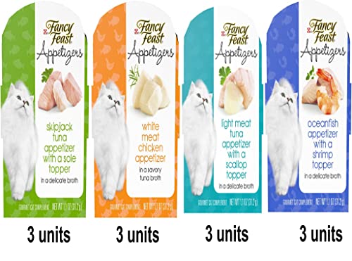 Purina Purely Fancy Feast Appetizers Cat Treats Flavor Variety Sampler Bundle of 12 Containers, (1.1 Ounces Each) with a Bundle a Plastic Noisy Cat Toy Ball and WMB's Sticker.