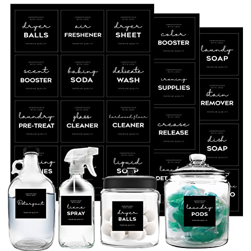 Minimalist Laundry Room Labels Set, v2croft 36 Black Matte Stickers on Clear Canisters, Home Organization Stickers for Cabinet & Drawer, Laundry Room, linens & Cleaning Supplies(Water Resistant) …