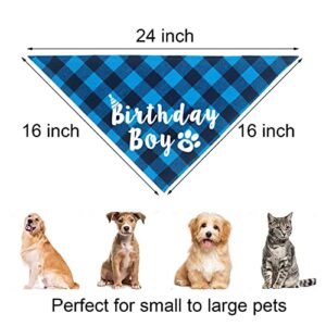 JOTFA Dog Birthday Party Supplies, Plaid Dog Birthday Boy Bandanas with Dog Birthday Party Number Hat Bow Tie Bannner for Small Medium Large Dogs Pets (Light Blue)