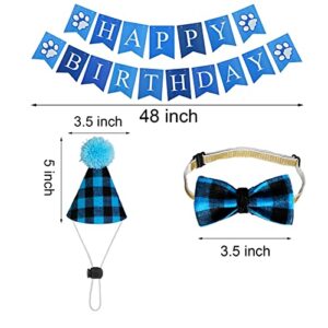 JOTFA Dog Birthday Party Supplies, Plaid Dog Birthday Boy Bandanas with Dog Birthday Party Number Hat Bow Tie Bannner for Small Medium Large Dogs Pets (Light Blue)