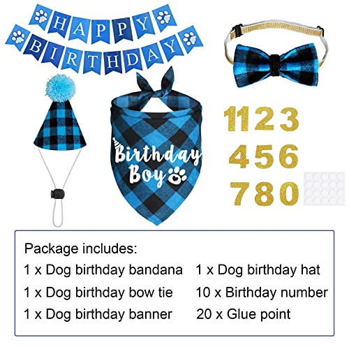 JOTFA Dog Birthday Party Supplies, Plaid Dog Birthday Boy Bandanas with Dog Birthday Party Number Hat Bow Tie Bannner for Small Medium Large Dogs Pets (Light Blue)