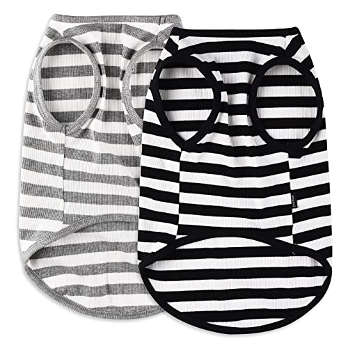 CtilFelix Dog Shirt Striped Clothes Stretchy Vests for Small Medium Large Dogs Boy Girl Cat Apparel Soft Cotton Puppy T-Shirts Lightweight Pet Tank Top Kitten Outfit Pack-2 Black & Light Grey M