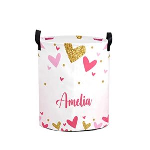 valentines hearts pink personalized laundry basket clothes hamper with handles waterproof ,collapsible laundry storage baskets for bathroom,bedroom decorative 19.7"hx14.2"d