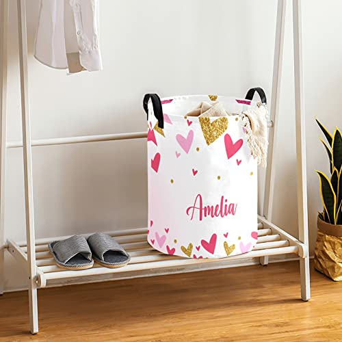Valentines Hearts Pink Personalized Laundry Basket Clothes Hamper with Handles Waterproof ,Collapsible Laundry Storage Baskets for Bathroom,Bedroom Decorative 19.7"Hx14.2"D