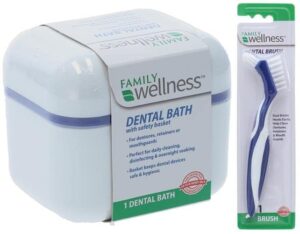 family wellness denture case, denture cup with strainer safety basket, and denture brush, for dentures, restrainers, or mouthguards