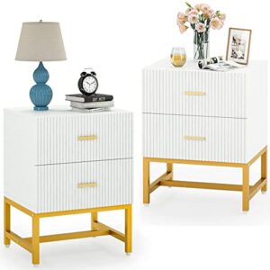 tribesigns 2-drawer nightstand set of 2, modern striped night stands bed side table with storage, white and gold end table wood metal side table for living room, bedroom