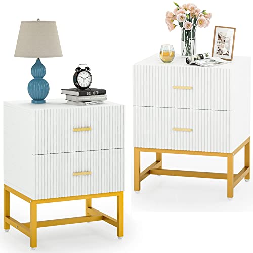 Tribesigns 2-Drawer Nightstand Set of 2, Modern Striped Night Stands Bed Side Table with Storage, White and Gold End Table Wood Metal Side Table for Living Room, Bedroom