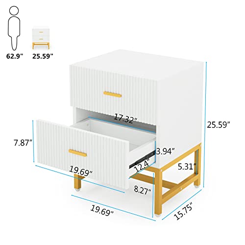 Tribesigns 2-Drawer Nightstand Set of 2, Modern Striped Night Stands Bed Side Table with Storage, White and Gold End Table Wood Metal Side Table for Living Room, Bedroom