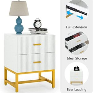 Tribesigns 2-Drawer Nightstand Set of 2, Modern Striped Night Stands Bed Side Table with Storage, White and Gold End Table Wood Metal Side Table for Living Room, Bedroom