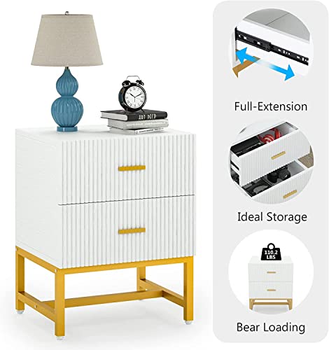Tribesigns 2-Drawer Nightstand Set of 2, Modern Striped Night Stands Bed Side Table with Storage, White and Gold End Table Wood Metal Side Table for Living Room, Bedroom
