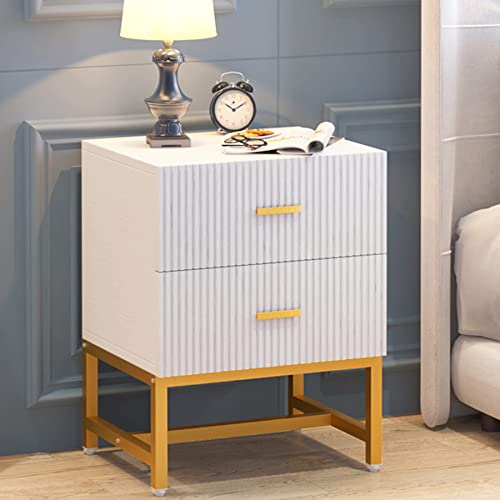 Tribesigns 2-Drawer Nightstand Set of 2, Modern Striped Night Stands Bed Side Table with Storage, White and Gold End Table Wood Metal Side Table for Living Room, Bedroom