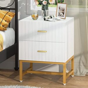 Tribesigns 2-Drawer Nightstand Set of 2, Modern Striped Night Stands Bed Side Table with Storage, White and Gold End Table Wood Metal Side Table for Living Room, Bedroom