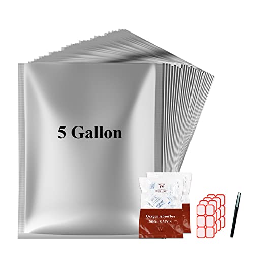 WISHMART 10pcs 5 Gallon Mylar Bags for Food Storage 14 mil Large Mylar Bags with Oxygen Absorbers (15 x 2000 cc)|Long term food storage containers solution for Rice, Wheat, Grains, Dry Bags for Meat