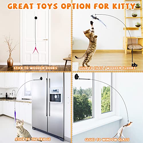 JXFUKAL Cat Feather Toys, Interactive Cat Toy with Super Suction Cup, 2PCS Springy Cat Wand & 5PCS Teaser Refills Replacement with Bells, Kitty Kitten Toys Cat Spring String Toy Cat Accessories