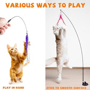 JXFUKAL Cat Feather Toys, Interactive Cat Toy with Super Suction Cup, 2PCS Springy Cat Wand & 5PCS Teaser Refills Replacement with Bells, Kitty Kitten Toys Cat Spring String Toy Cat Accessories