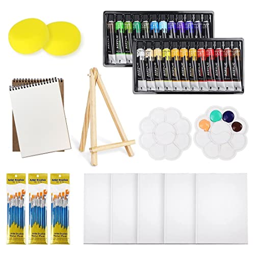 Colorful Acrylic Painting Kit - Paint Supplies Set with 24 Colors, 30 Brushes, 5 Canvases, 1 Pad, 2 Palette, 2 Sponge & 1 Wood Easel - Art Acrylic Paint Set for Beginners, Kids, Adults