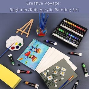 Colorful Acrylic Painting Kit - Paint Supplies Set with 24 Colors, 30 Brushes, 5 Canvases, 1 Pad, 2 Palette, 2 Sponge & 1 Wood Easel - Art Acrylic Paint Set for Beginners, Kids, Adults