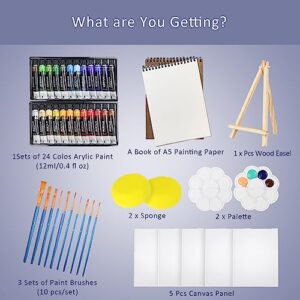 Colorful Acrylic Painting Kit - Paint Supplies Set with 24 Colors, 30 Brushes, 5 Canvases, 1 Pad, 2 Palette, 2 Sponge & 1 Wood Easel - Art Acrylic Paint Set for Beginners, Kids, Adults