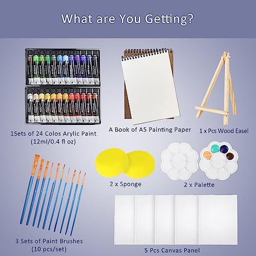 Colorful Acrylic Painting Kit - Paint Supplies Set with 24 Colors, 30 Brushes, 5 Canvases, 1 Pad, 2 Palette, 2 Sponge & 1 Wood Easel - Art Acrylic Paint Set for Beginners, Kids, Adults