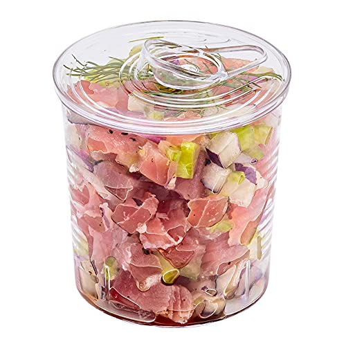 Restaurantware 4 oz Round Clear Plastic Tin Can - with Lid - 2 1/2" x 2 1/2" x 2 3/4" - 20 count box