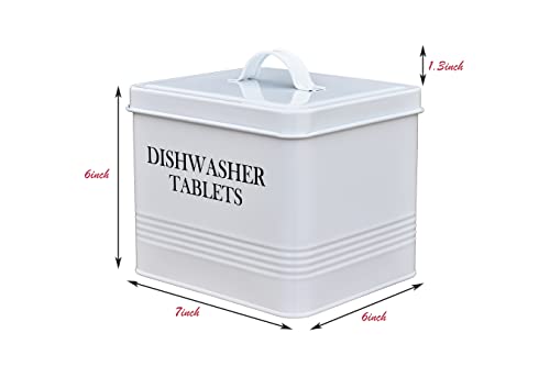 Metal Bin Dishwasher Pod Holder - Dishwasher Pods Container for farmhouse kitchen Decoration and Space Saving /White Dish Washer Tablets with Lid for Kitchen Storage & Organization Accessories