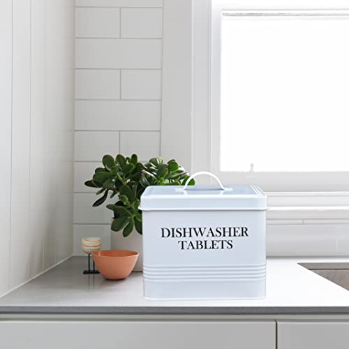 Metal Bin Dishwasher Pod Holder - Dishwasher Pods Container for farmhouse kitchen Decoration and Space Saving /White Dish Washer Tablets with Lid for Kitchen Storage & Organization Accessories